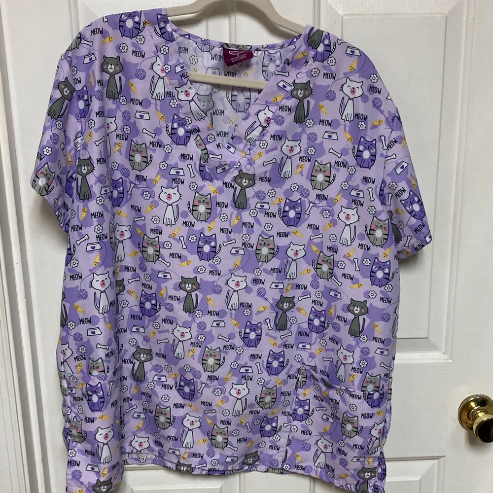 Purple Cat Print scrub top